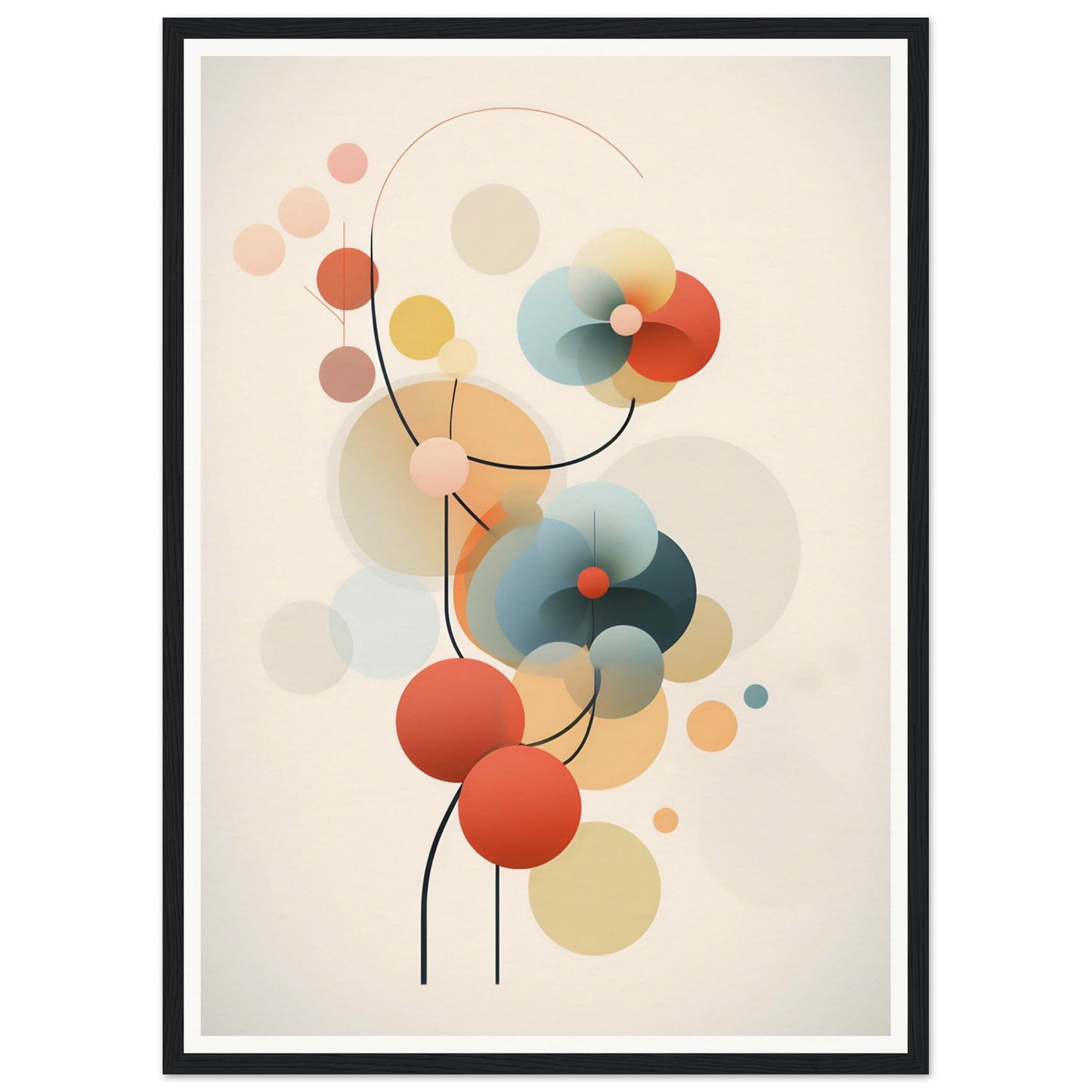 Abstract geometric composition featuring overlapping circles and curved lines in muted pastel colors.