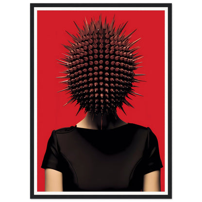 Spiky, spherical headpiece resembling a sea urchin worn by a person in a black shirt.