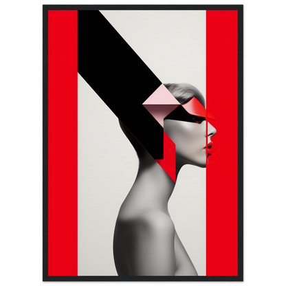 Stylized profile portrait combining geometric shapes and a human figure in black, white, and red.