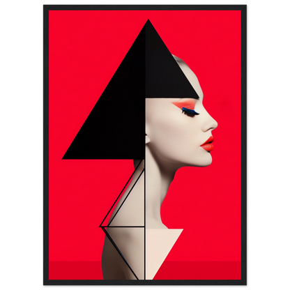 Stylized profile portrait of a woman’s face with geometric shapes against a red background.