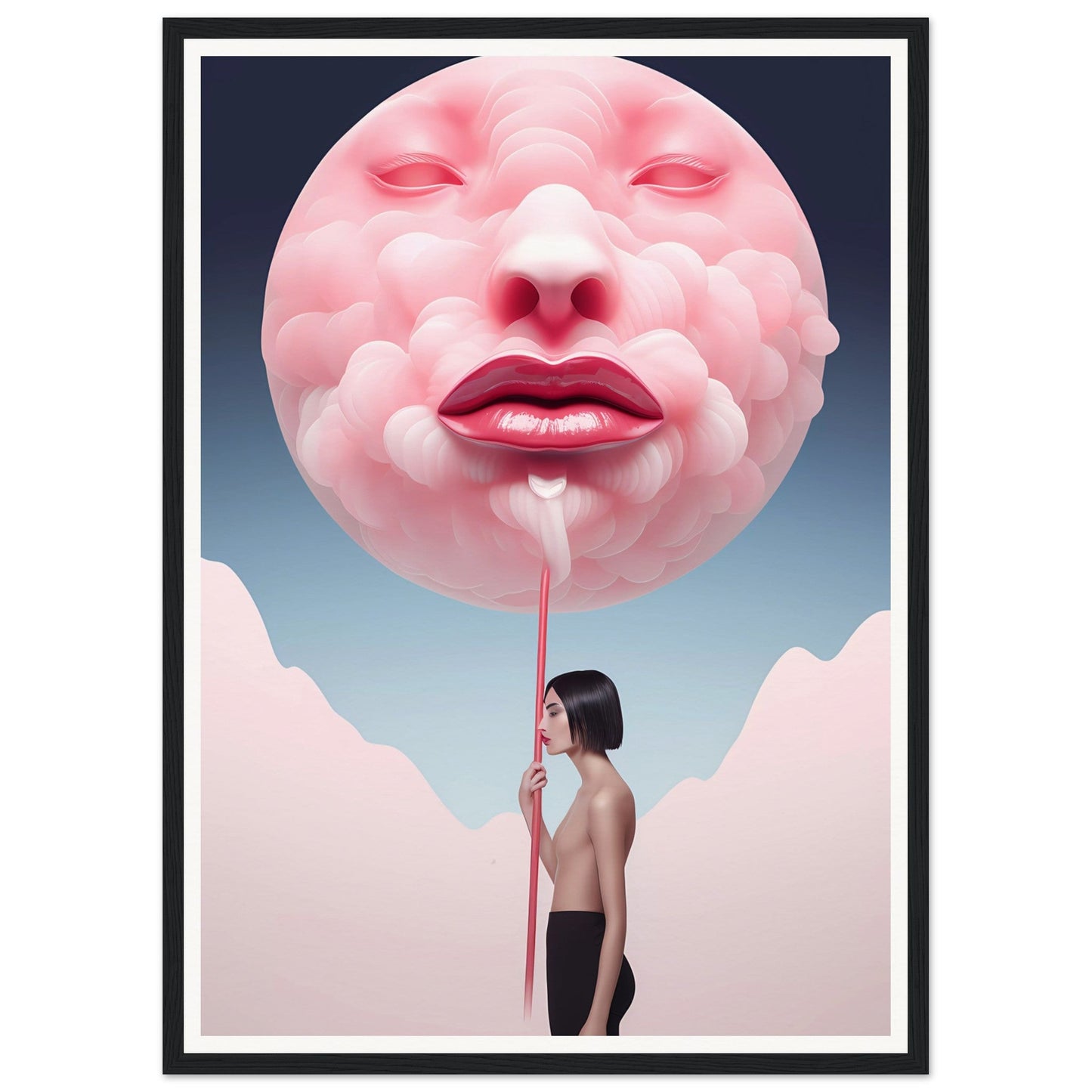 Surreal pink face-like sphere with exaggerated features floating above a figure.