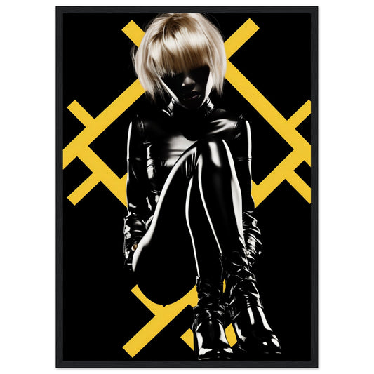 Silhouetted figure in shiny black clothing against a backdrop of yellow X shapes.