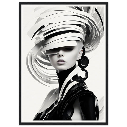 Striking black and white portrait of a person wearing an elaborate swirling headdress and large hoop earrings.