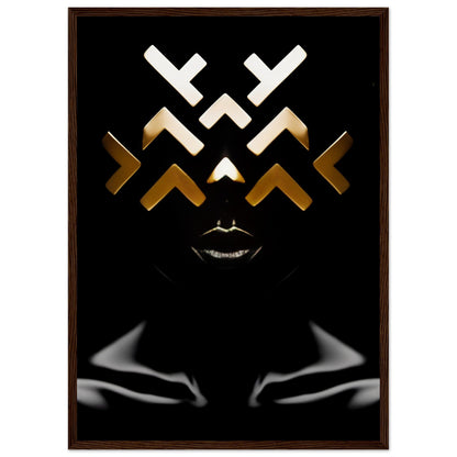 Abstract geometric face composed of white and gold angular shapes against a black background, with visible lips.