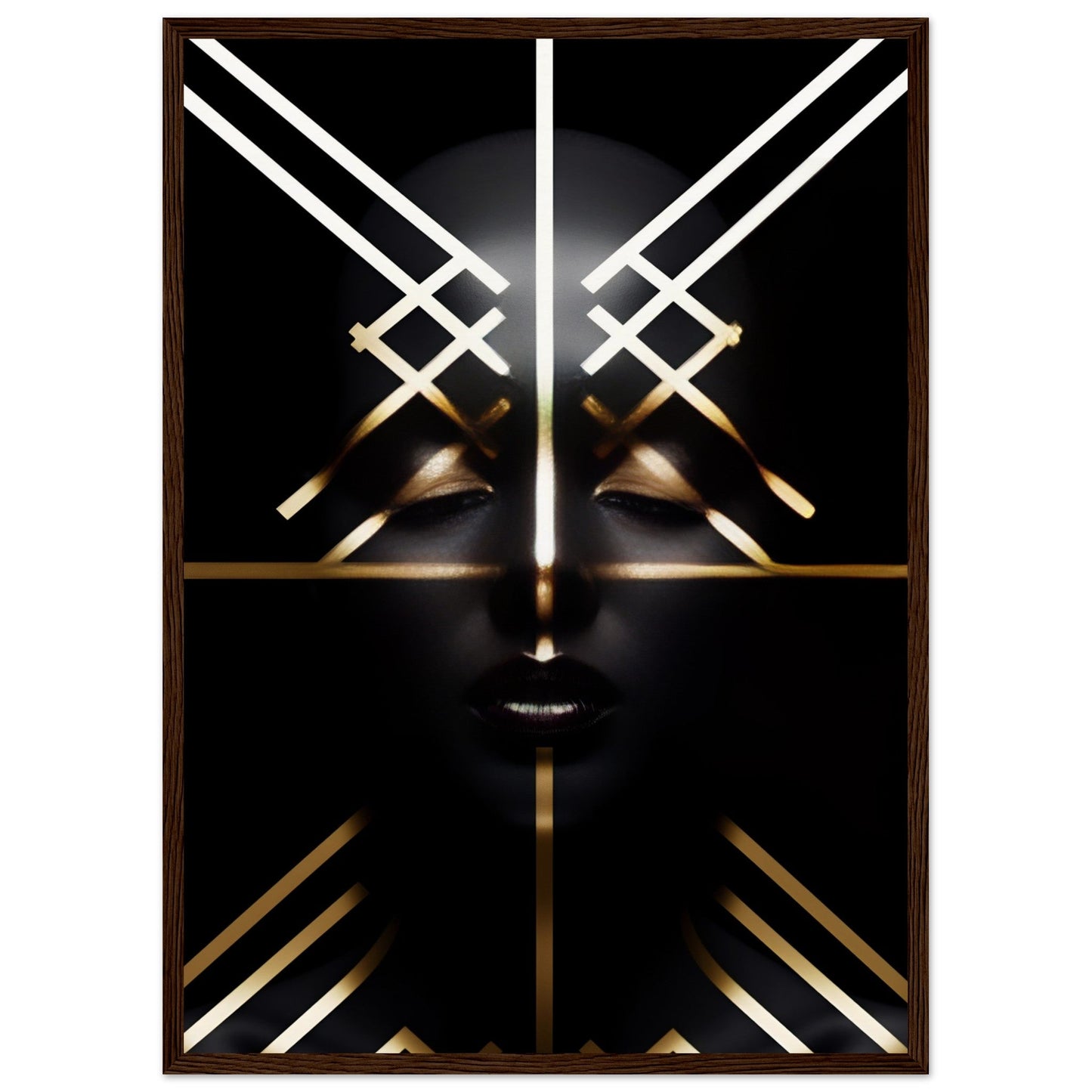 Abstract geometric face composed of glowing white and gold lines against a dark background.