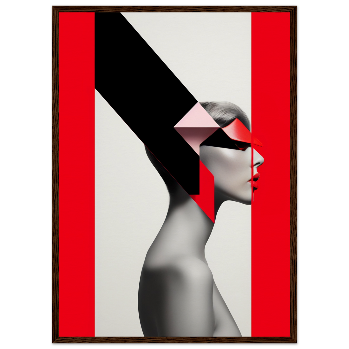 Stylized portrait combining geometric shapes and a grayscale profile against a red and white background.