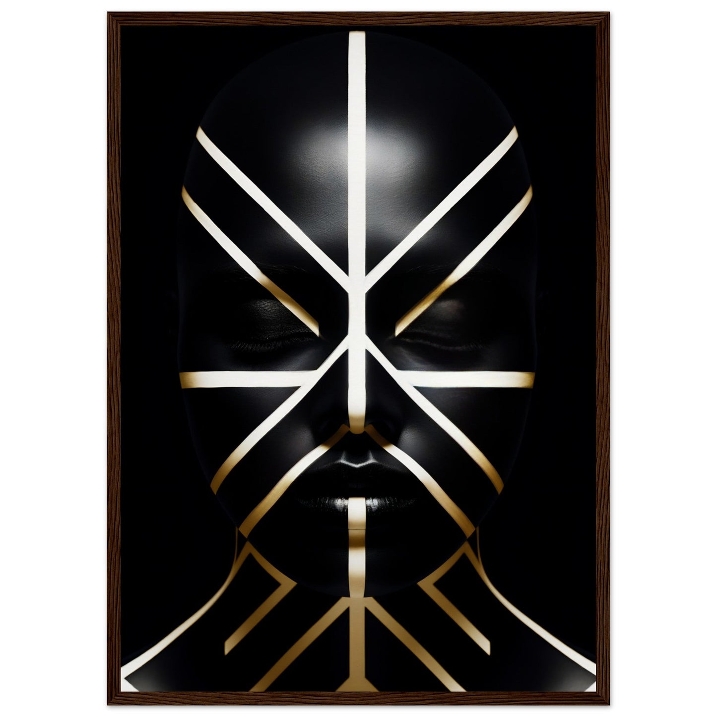 Abstract geometric design resembling a stylized face or mask composed of intersecting white and gold lines on a black background.