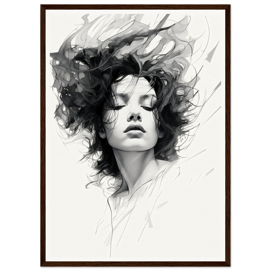 Artistic black and white portrait featuring flowing, windswept hair.