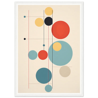 Abstract geometric composition featuring colorful circles and thin lines arranged in a balanced, modernist style.