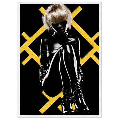 Silhouetted figure in shiny black clothing with blonde hair against a dark background with yellow X patterns.