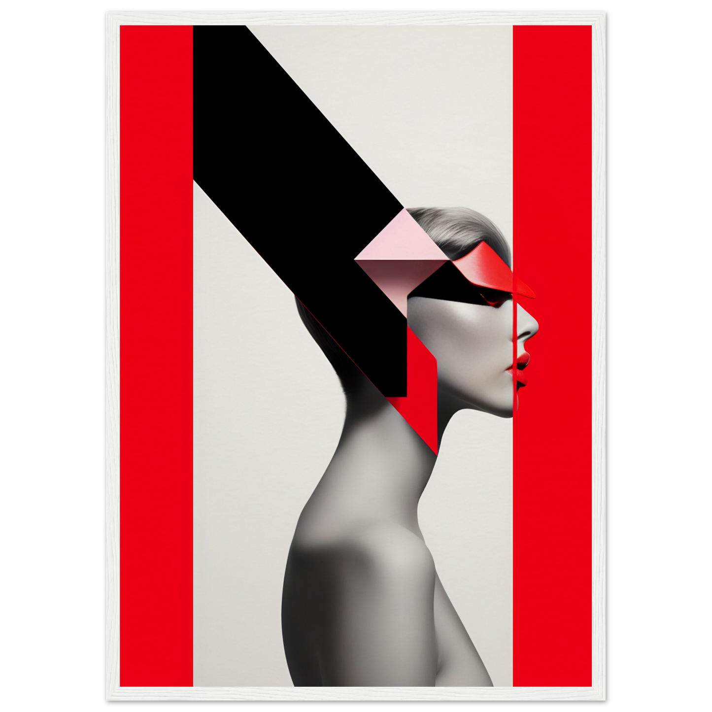 Stylized profile portrait of a person with geometric shapes and bold red accents.