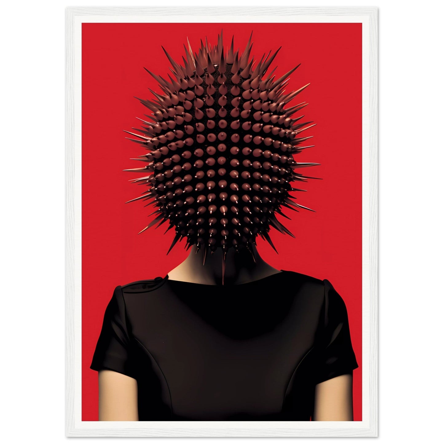 Spiky, spherical headpiece resembling a sea urchin worn by a person in a black shirt against a red background.