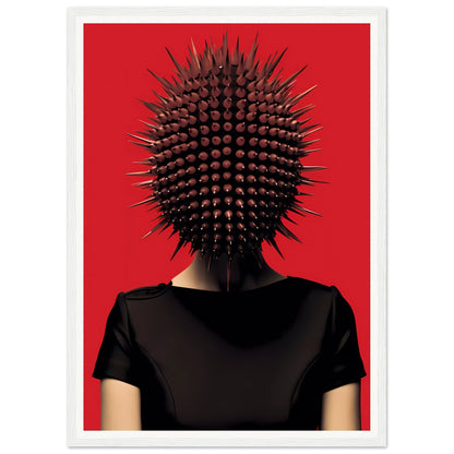 Spiky, spherical headpiece resembling a sea urchin worn by a person in a black shirt against a red background.