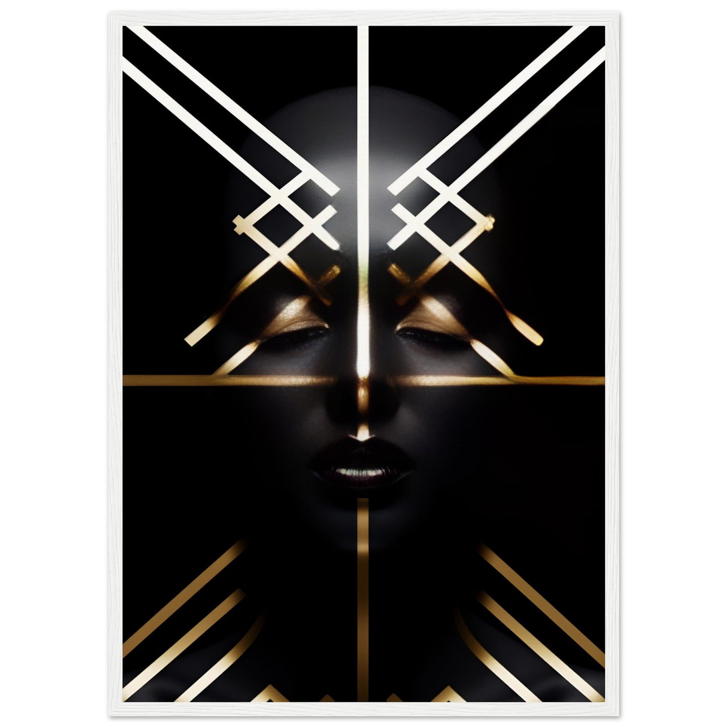 Abstract geometric face composed of intersecting white and gold lines on a dark background.