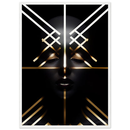 Abstract geometric face composed of intersecting white and gold lines on a dark background.