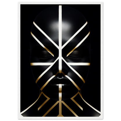 Stylized geometric face design composed of white and gold lines on a black background.