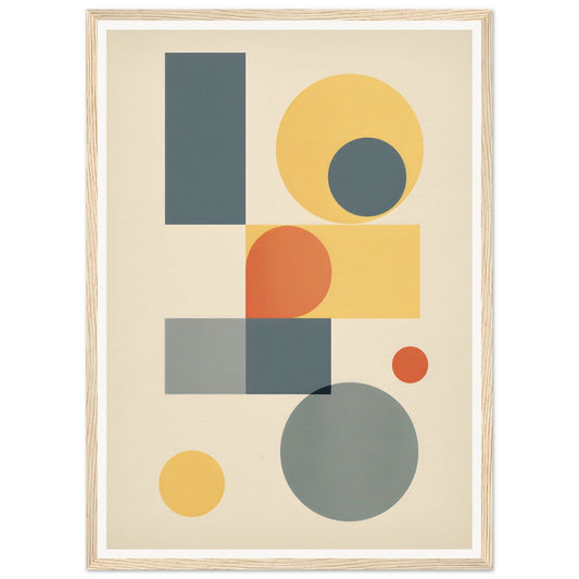 Abstract geometric artwork featuring circles, rectangles, and squares in muted colors.