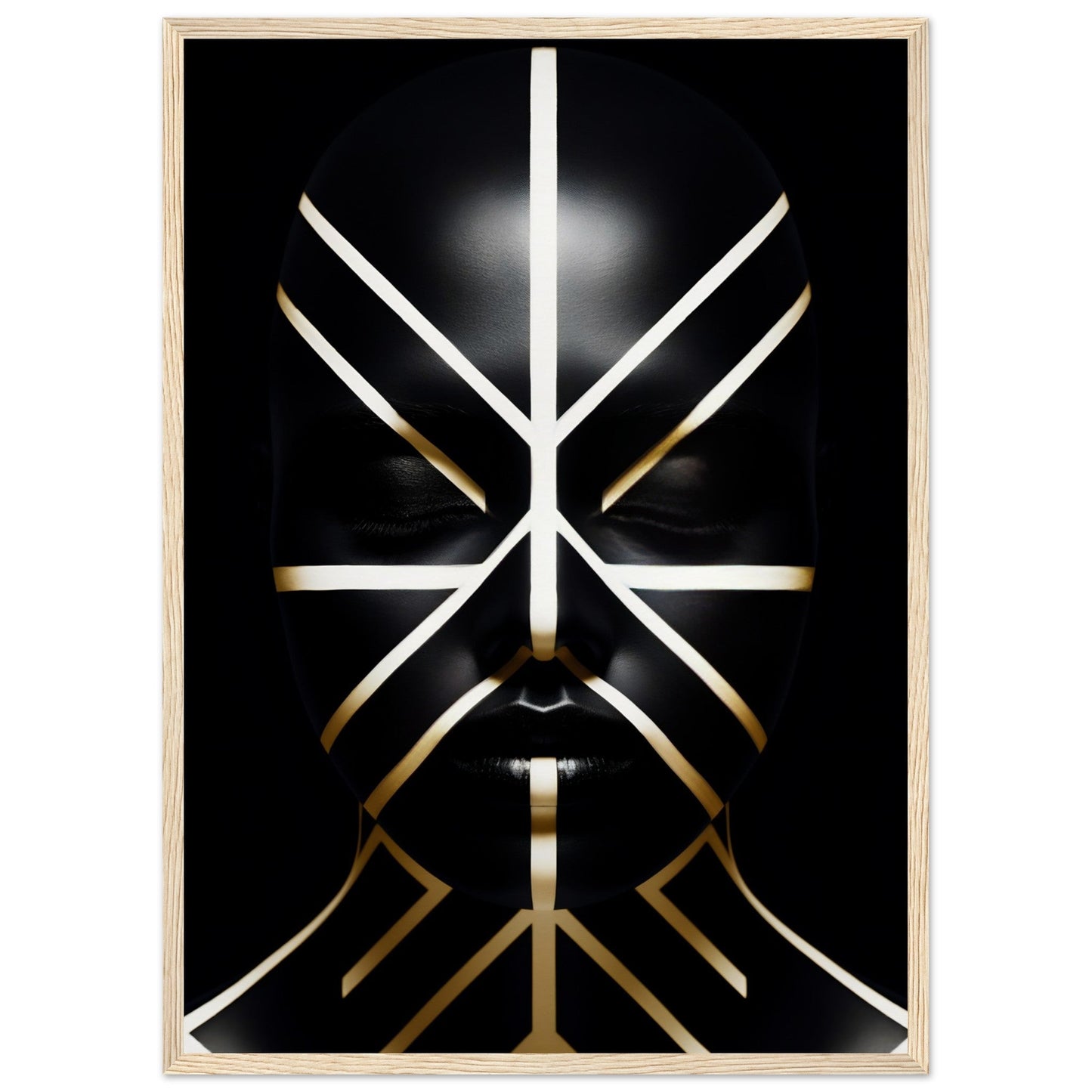 Abstract geometric design resembling a stylized face or mask using white and gold lines on a black background.