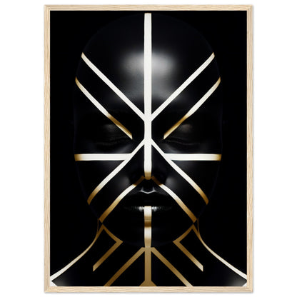 Abstract geometric design resembling a stylized face or mask using white and gold lines on a black background.