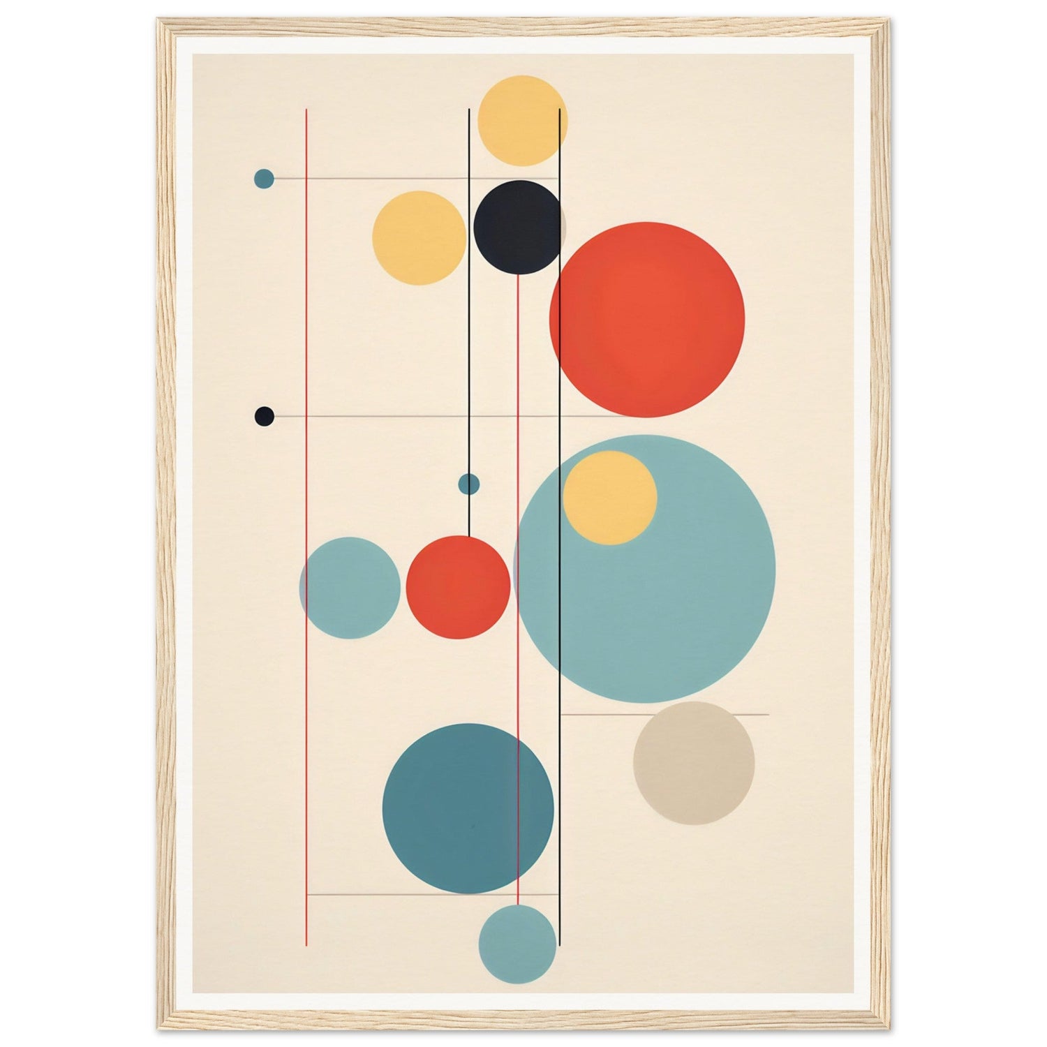 Abstract geometric composition featuring colorful circles and lines arranged in a balanced, minimalist design.