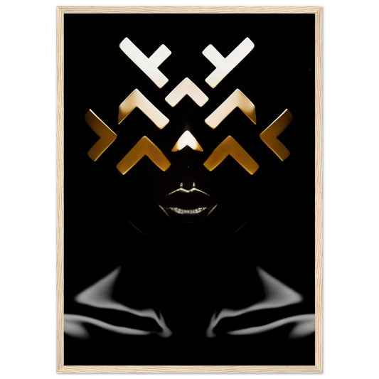 Abstract geometric face design with white and gold shapes on a black background, featuring stylized eyes and a minimalist mouth.