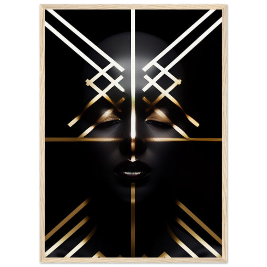 Abstract geometric face composed of intersecting gold and white lines on a dark background.