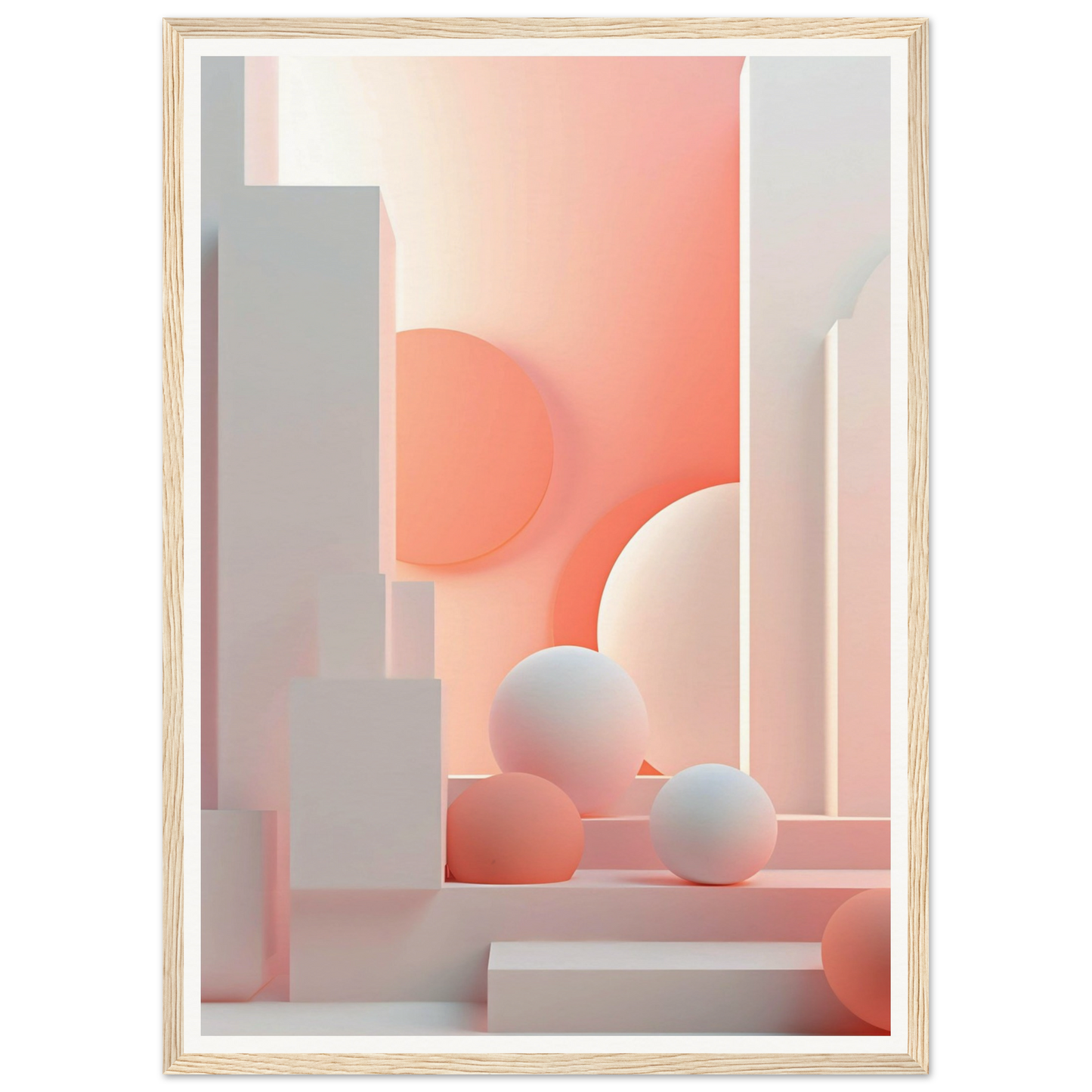 Abstract geometric composition featuring soft pastel spheres and rectangular shapes.