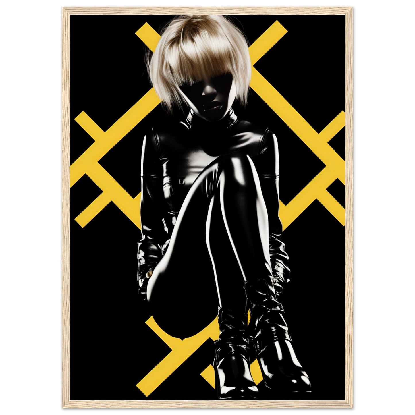 Silhouette of a person with blonde hair wearing shiny black clothing against a backdrop of yellow X shapes.