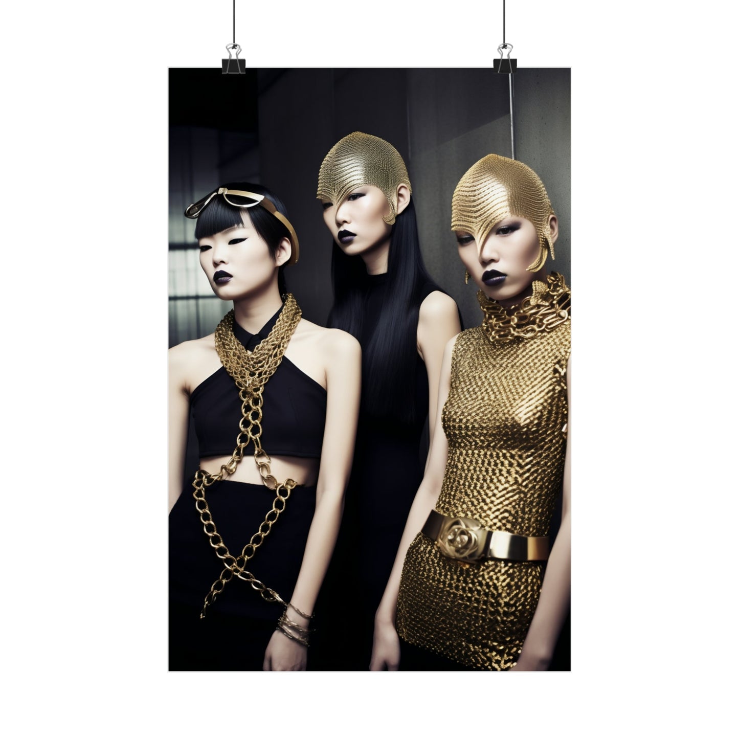 Three models posing in avant-garde gold and black fashion outfits.