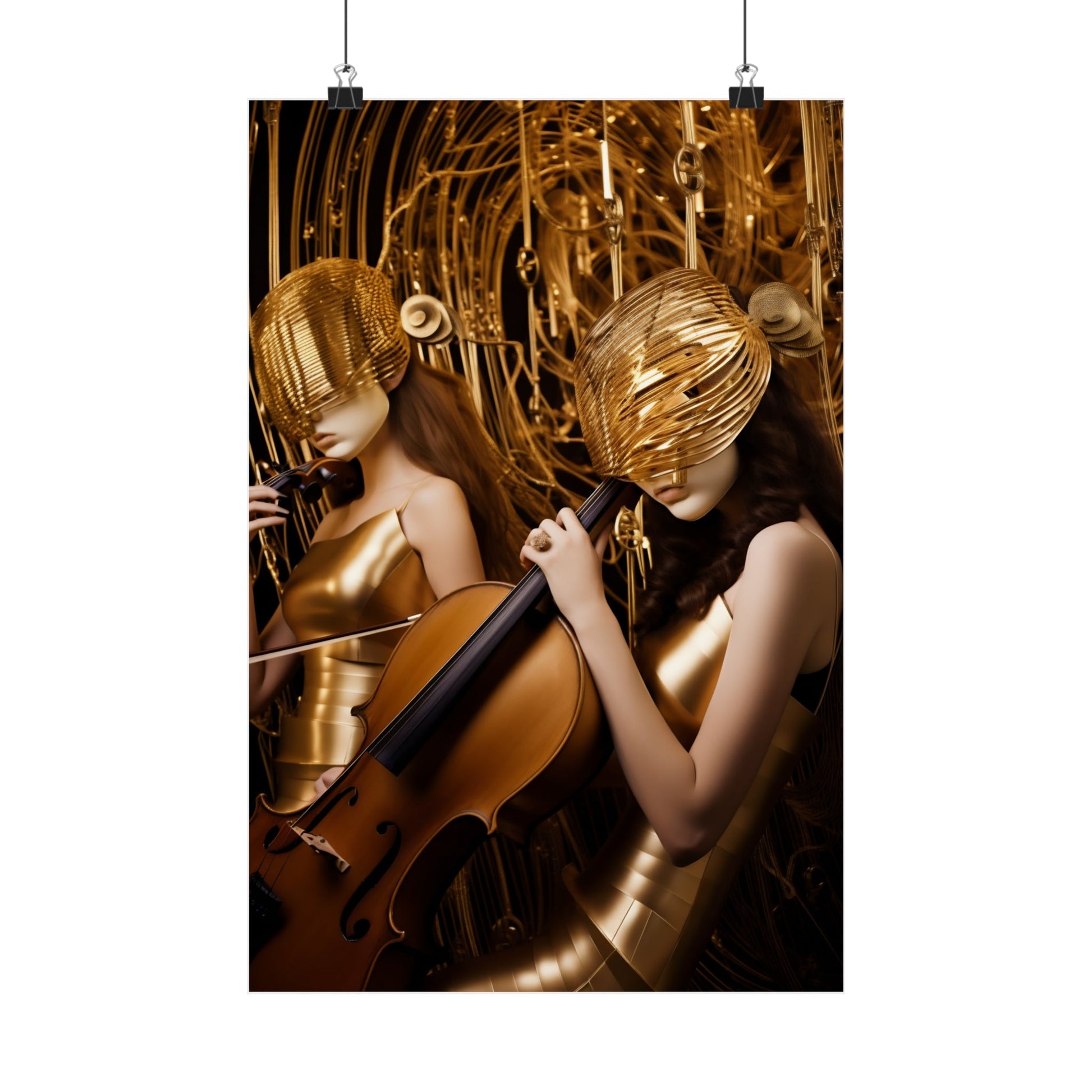 Two figures with golden masks and body paint playing musical instruments.