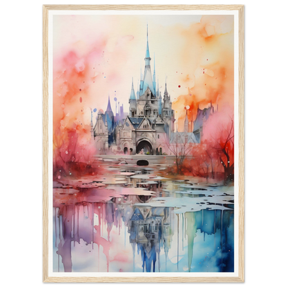 Fairytale castle with spires reflected in water, painted in dreamy watercolors.