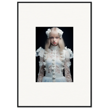 Framed portrait photograph of a person wearing an ornate white lace dress and headdress.