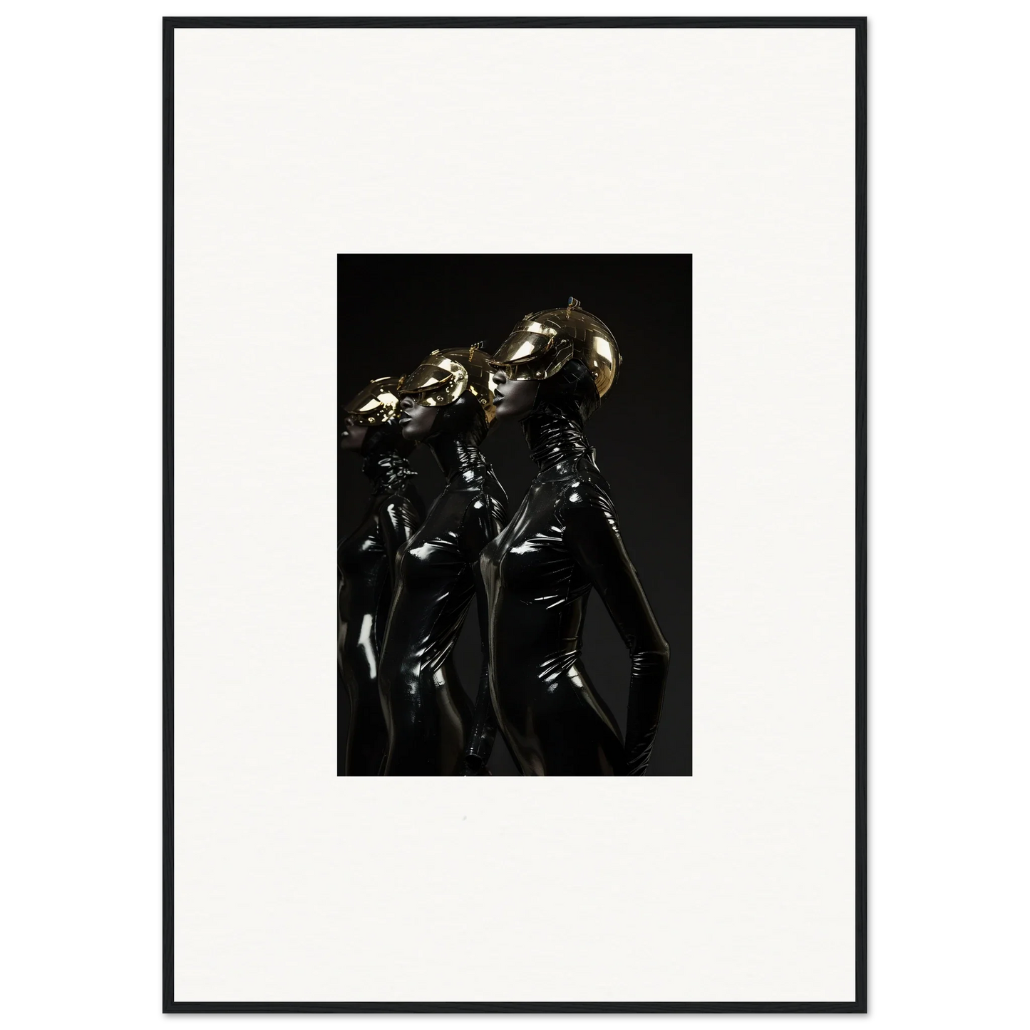 Framed photograph of figures in shiny black outfits with metallic helmets.