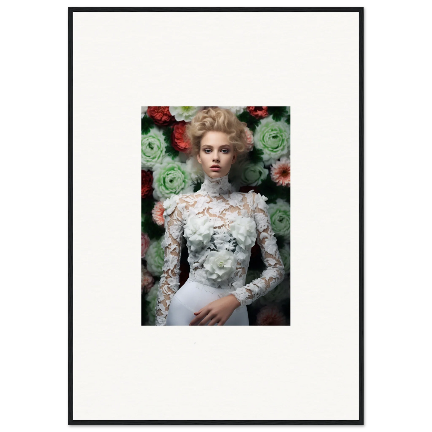 Framed portrait of a woman in an ornate white lace dress against a floral backdrop.