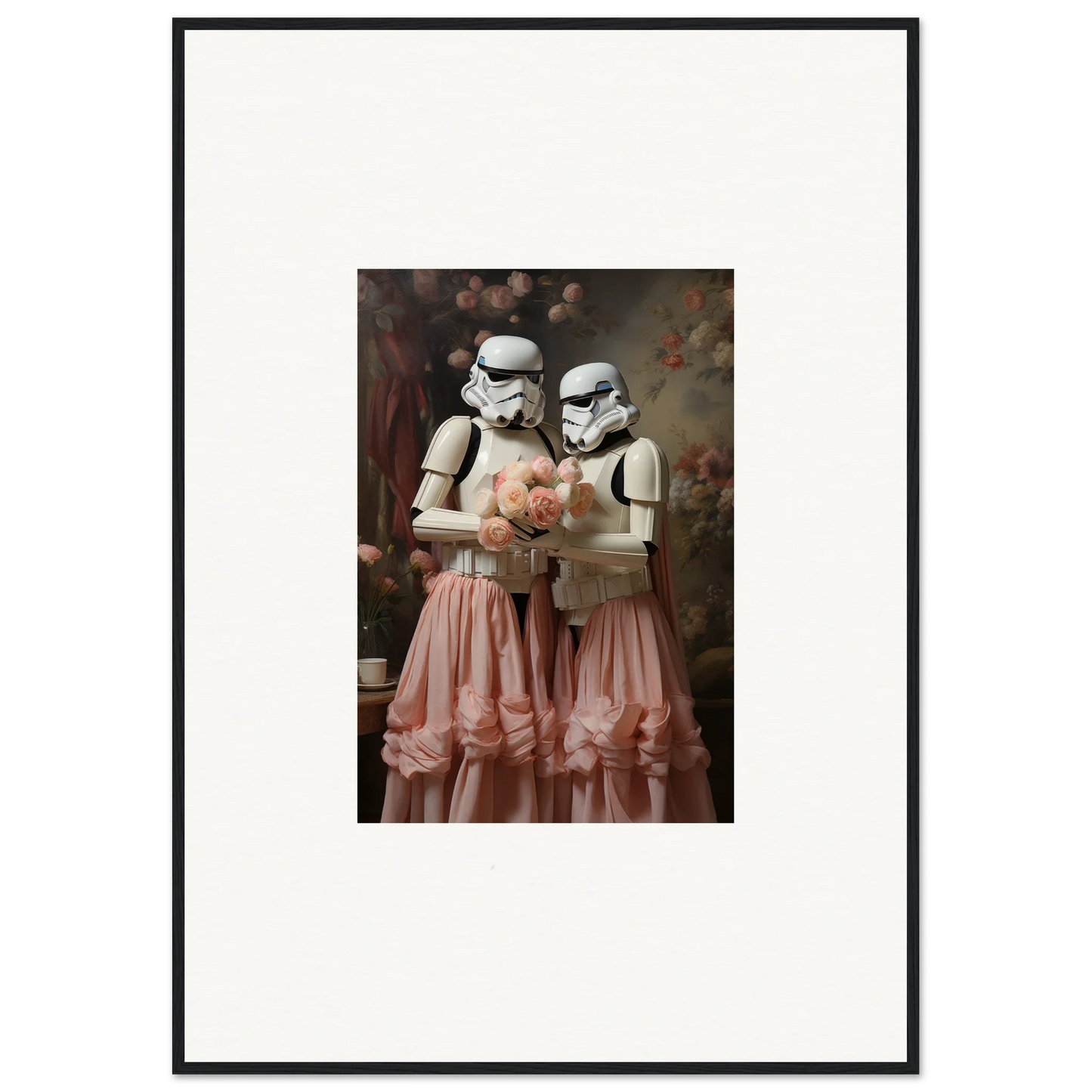 Framed artwork depicting two Stormtroopers wearing pink tulle skirts.