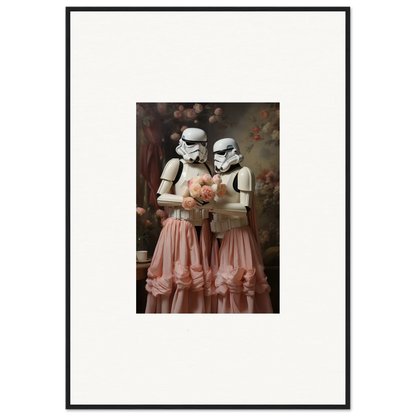 Framed artwork depicting two Stormtroopers wearing pink tulle skirts.