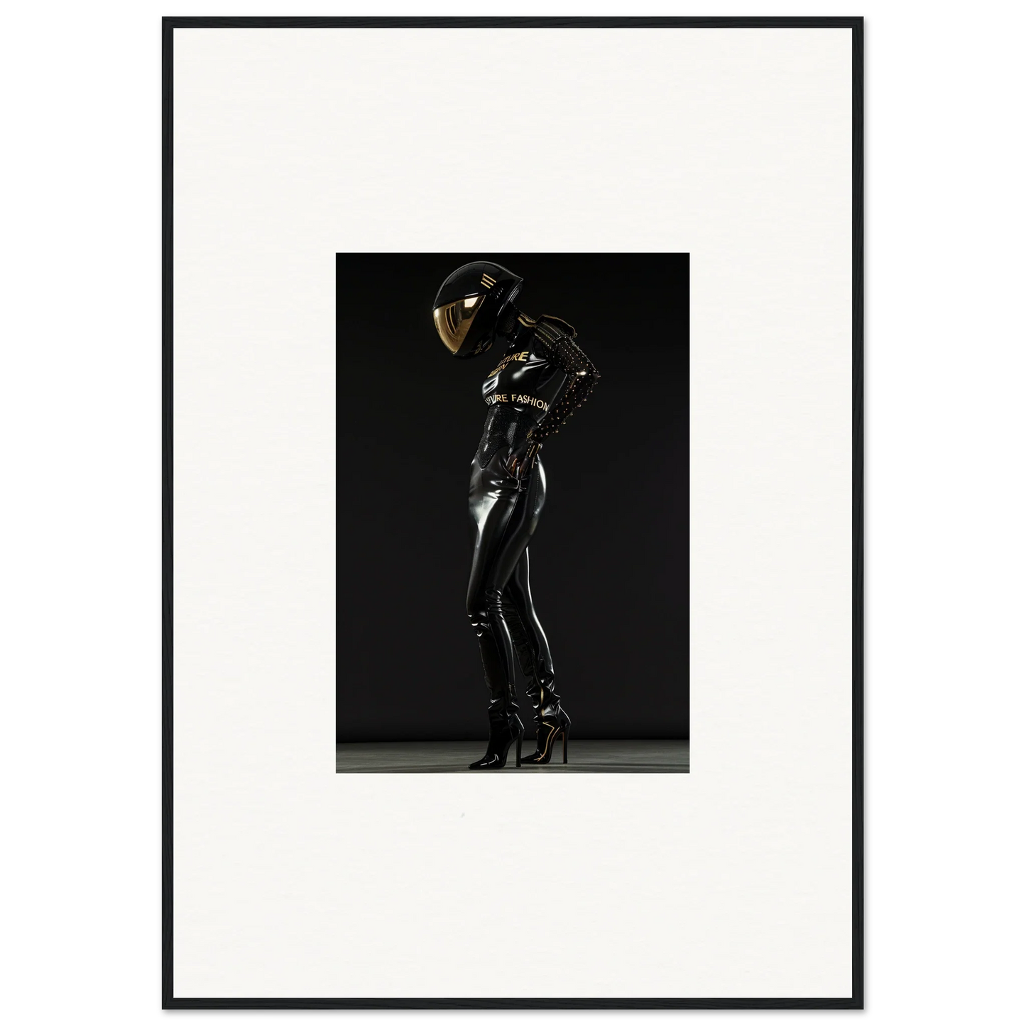 Figure in a shiny black latex or rubber bodysuit and helmet striking a dramatic pose.