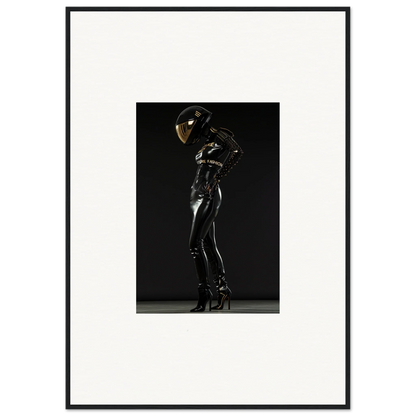 Figure in a shiny black latex or rubber bodysuit and helmet striking a dramatic pose.