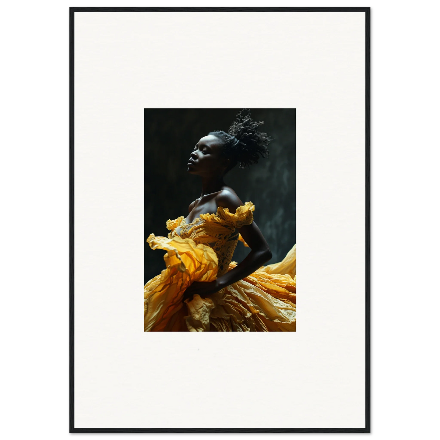 Striking portrait of a person with dark skin wearing vibrant yellow fabric.