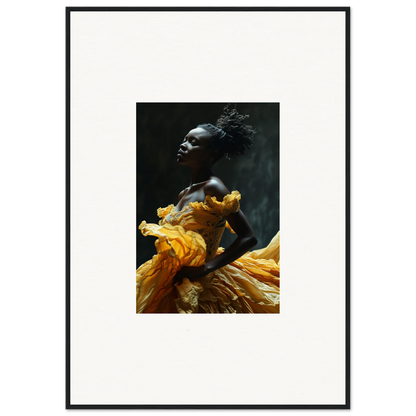 Striking portrait of a person with dark skin wearing vibrant yellow fabric.