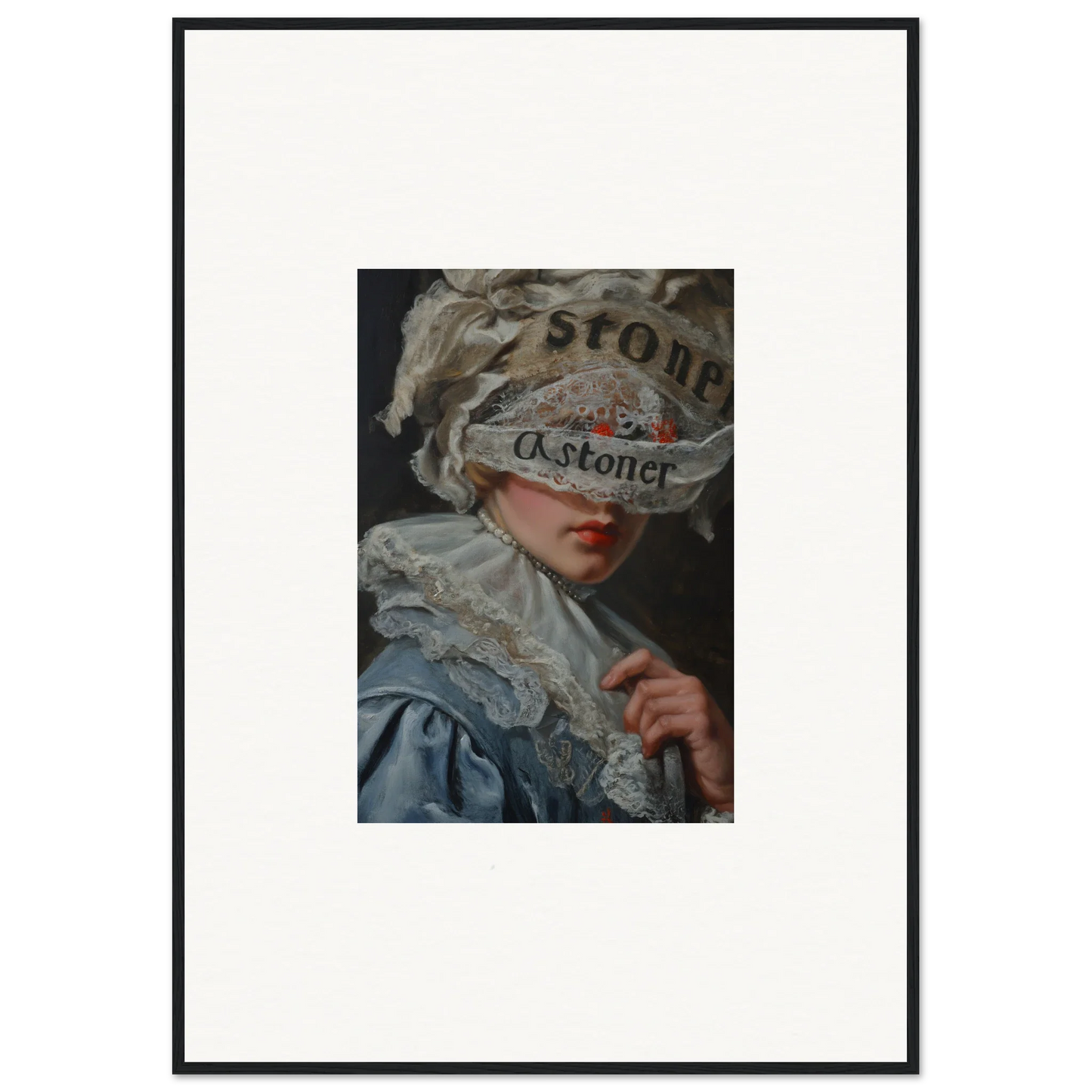 Framed canvas print of a person in a lace headdress with veil cognition vibe