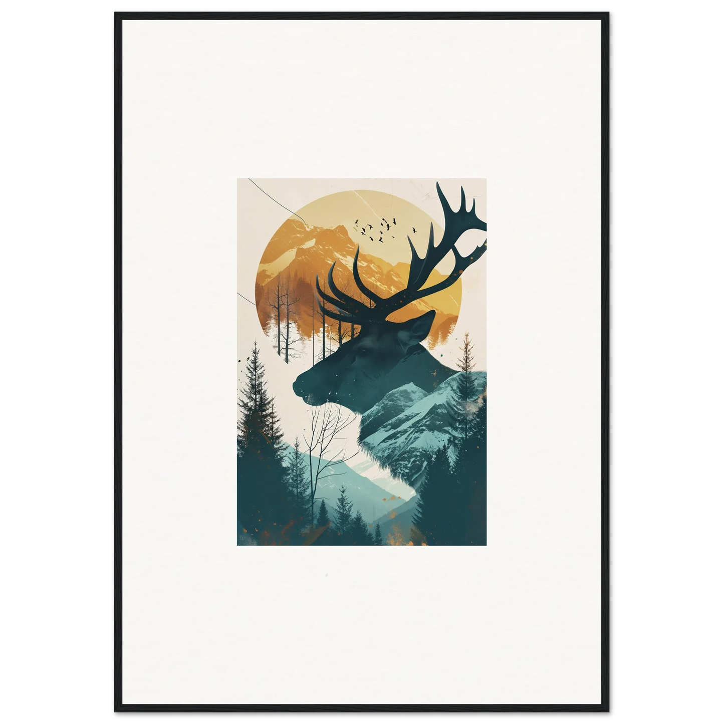 Silhouette of a deer head with antlers for stylish room decoration in a canvas print