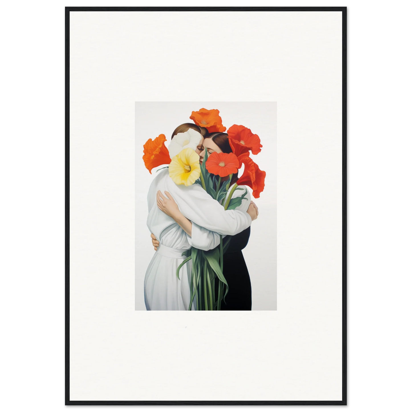 Framed artwork of a figure embracing poppies, perfect for a vibrant room decoration