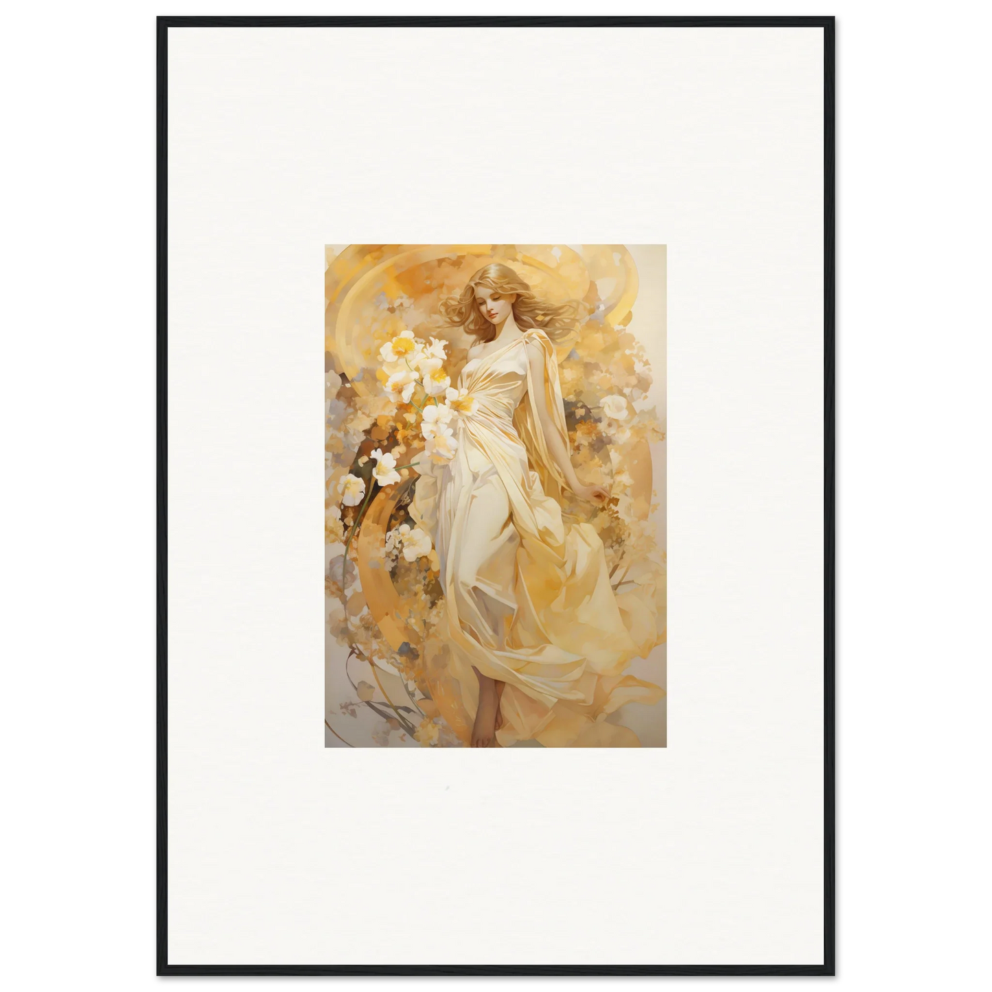 Ethereal Symphony canvas print of a woman in a white dress amid golden hues