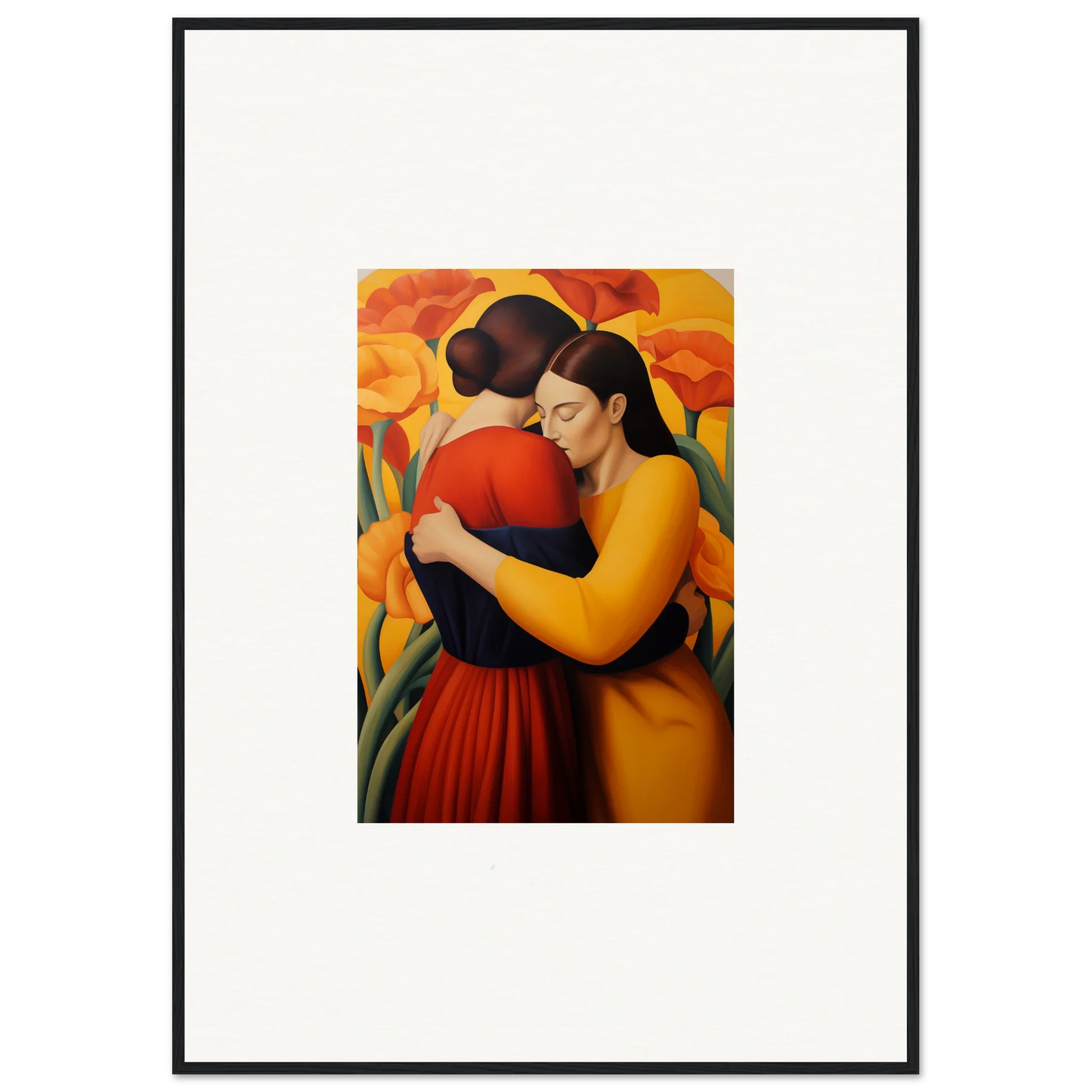 Colorful canvas print of two women embracing with floral fondness for room decoration