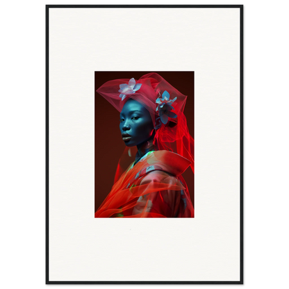 Portrait of a person with blue skin and red fabric, perfect for velvet botanicals room decoration