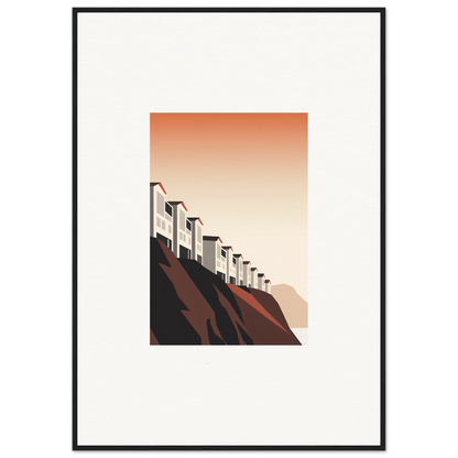 Stylized houses on a hillside with a gradient sky, perfect for room decoration wall art