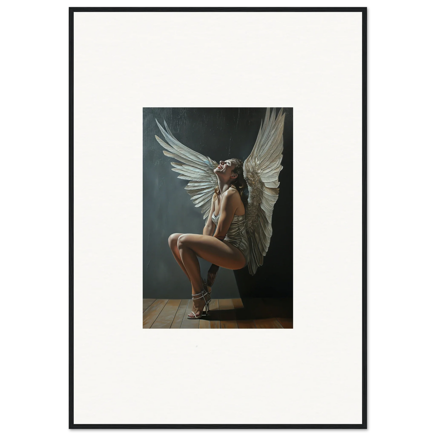 Framed photo of a figure with large white wings from Heavenly Weakened Psalms