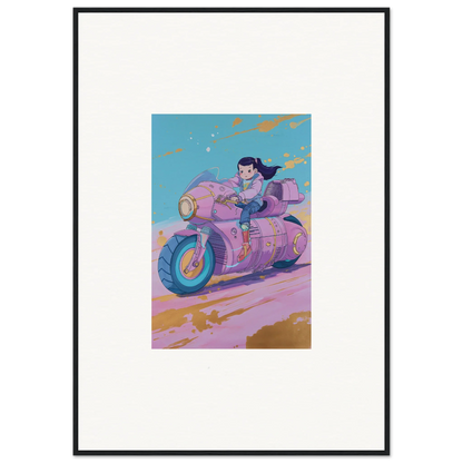 Stylized cartoon character on a pink motorcycle from Paintfall Venture canvas print