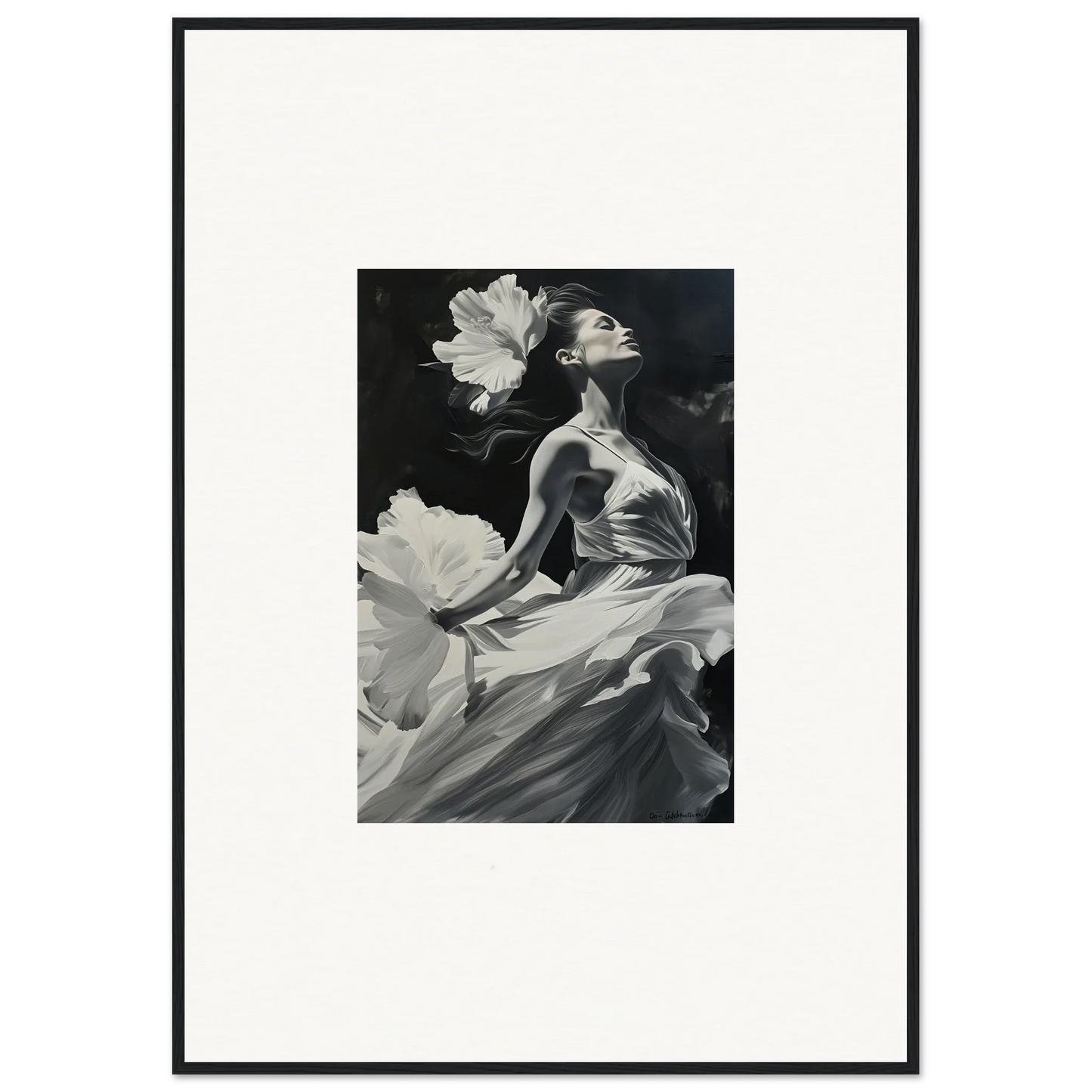 Black and white canvas print of a woman in flowing fabric amidst flower petals for visionary reverie